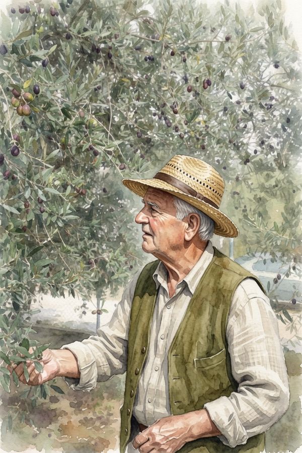 Grower inspecting olives on the branch in the grove